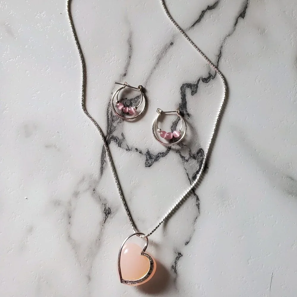 Silver tone Pink Heart Necklace and Hoop Earrings